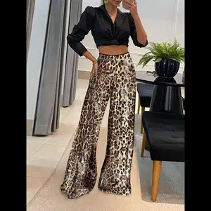 Women’s leopard print wide-leg pants with contrast sequins, casual comfortable trousers for everyday wear, ladies’ bottoms for fall and winter