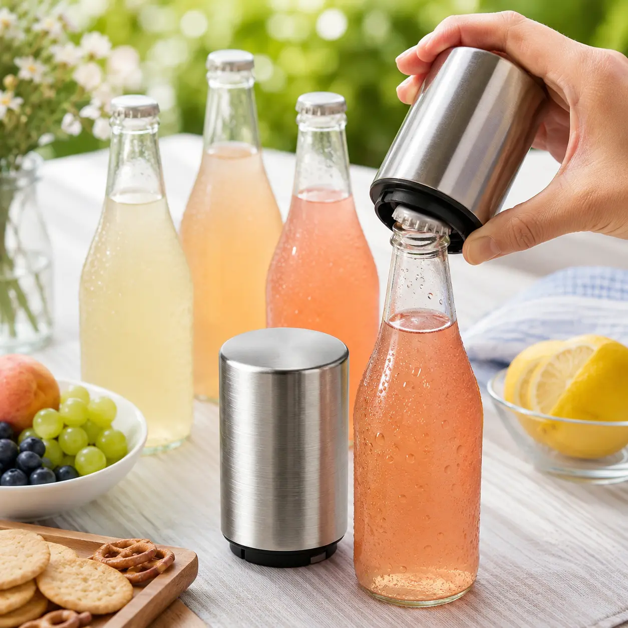 Durable Stainless Steel Magnetic Beer Bottle Opener, Automatic Push-Down Cap Remover, Secure No Cap Drop, Fast Opening for Kitchen, Home Bar & Restaurant