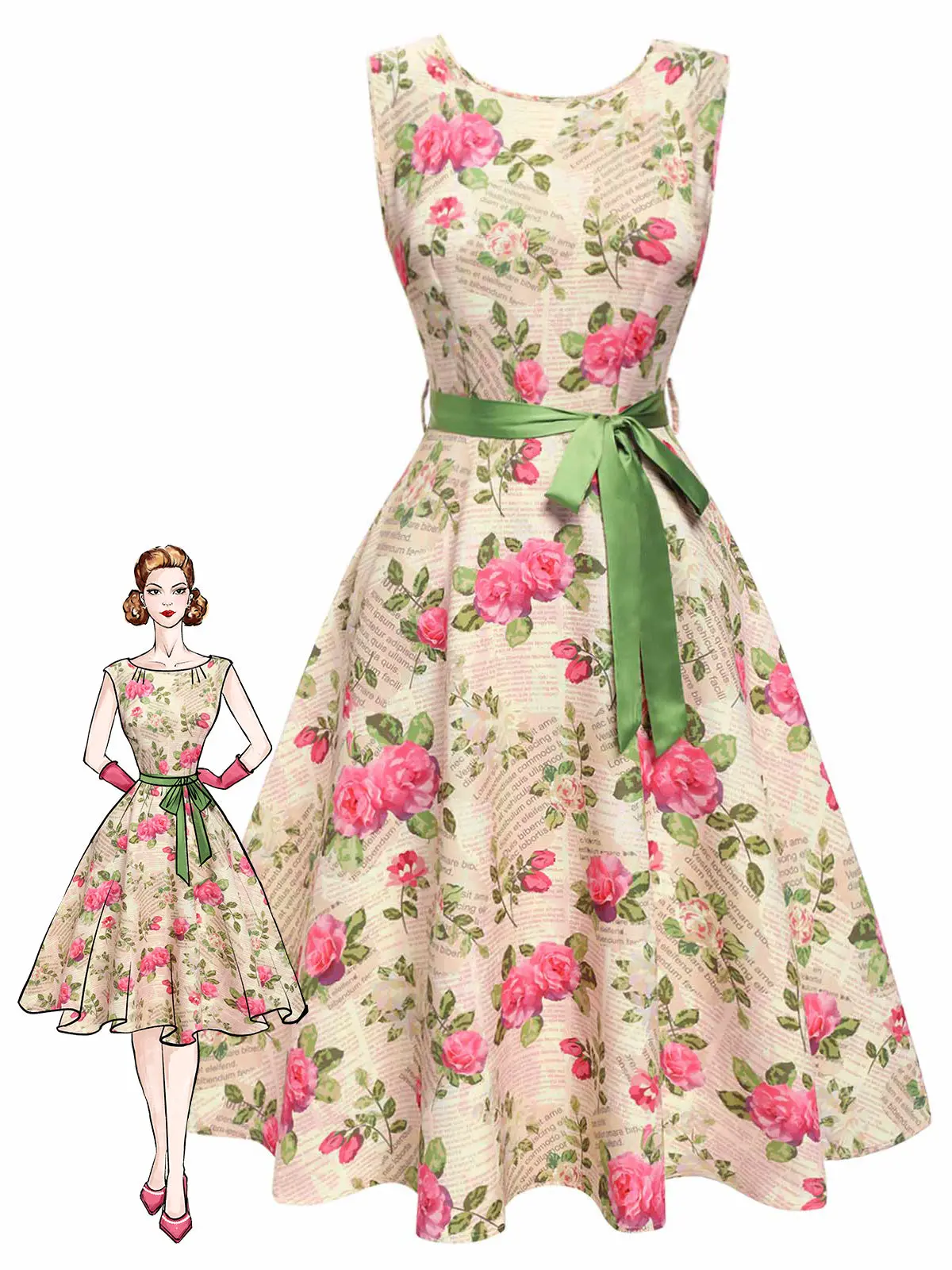 Multicolor 1950s Rose Pictorial Belted Dresssummer dresses vacation outfits Floral Womenswear