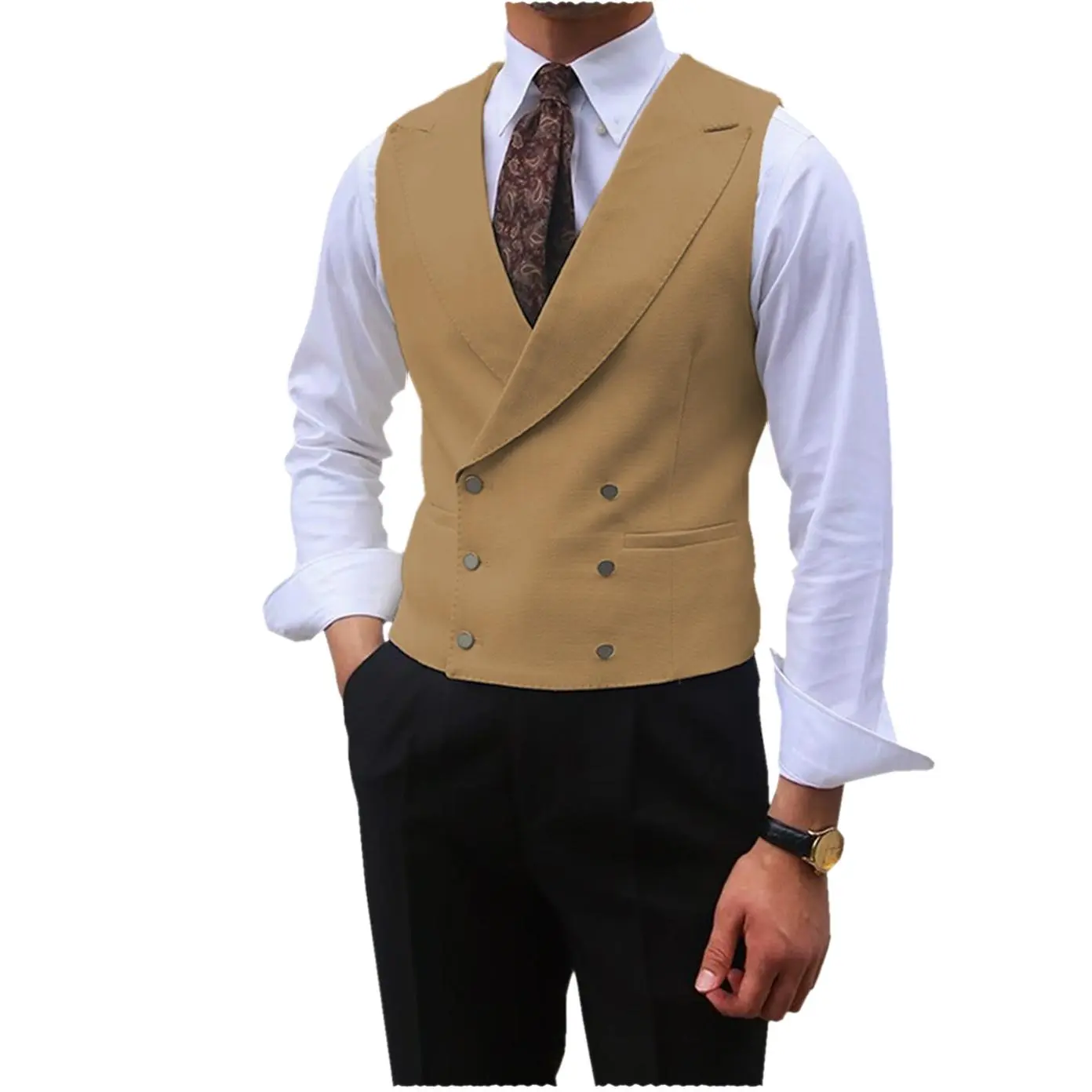 Men Vest Brown Solid Peaked Lapel Double Breasted Sleeveless Jacket Wedding Banquet Business Casual Slim Waistcoat
