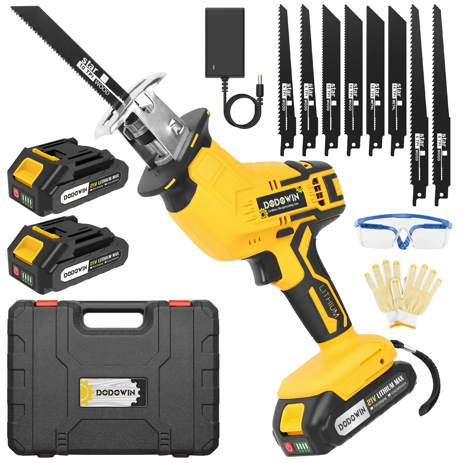 Reciprocating Saw Cordless, Variable Speed 3000 RPM Brushless Motor with 8 Saw Blades, 2 x 2.0Ah Batteries, LED Light, Tool‑Free Blade Change, Portable for Wood PVC Cutting
