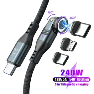Hiba 240W Charging Cable 48V/5A PD27W Fast Charge Data Sync 3-in-1 Magnetic 540° Rotating Tip E-Marker LED Indicator Compatible Cellphone