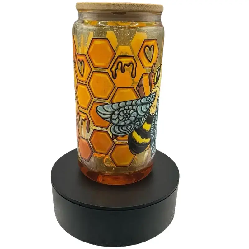 Honey Drip Cup 16oz Glass Drinkware with Bee and Honeycomb Design for Beverages