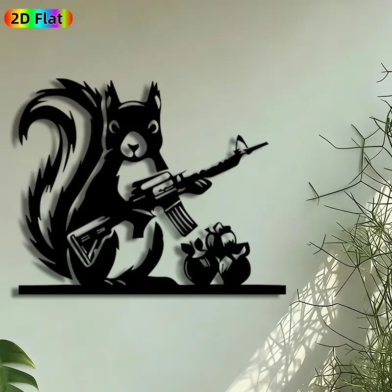 1pc Rifle-Wielding Squirrel Metal Wall Art, Hanging Wall Art, Nut-Hunting Squirrel Statue Mural, Intricate Craftsmanship, Perfect for Fathers Day, Housewarming Decor, Decoration, Cabin Garage Man Cave Decor, Ideal Gift for Wildlife & Hunting Enthusiasts