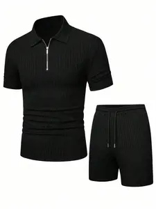 2 Piece Men's Ribbed Polo Short Set, Half Zip Top & Drawstring Shorts For Vacation & Daily Wear