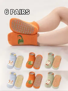 6 Pairs Baby Cartoon Anti-Slip Floor Socks, Boys' Trampoline Socks, Girls' Cute Walking Socks, Toddler Non-Skid Footwear, Socks Set, Toddler Grip Socks, Toddler Socks With Grips