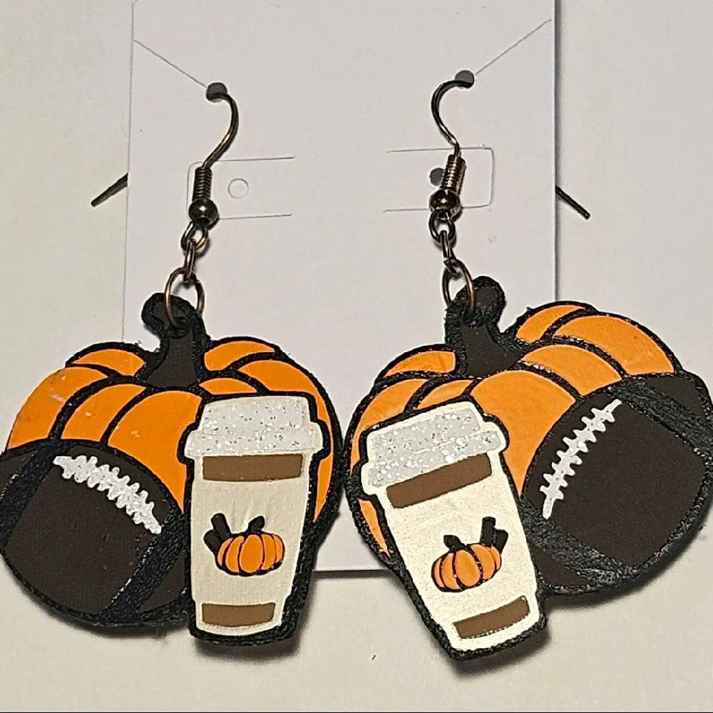 Genuine Leather Fall Earrings with Pumpkin Football and Coffee Design for Seasonal Enjoyment