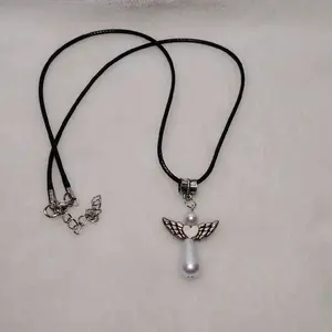 Unique Angel Necklace with Pearls - Black Cord & Winged Heart Pendant Charm