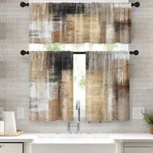 36 Inch Brown Grey Beige Modern Rod Pocket Kitchen Window Curtains Valance and Tier Set, Abstract Art Drapes for Small Cafe Kitchen Decor
