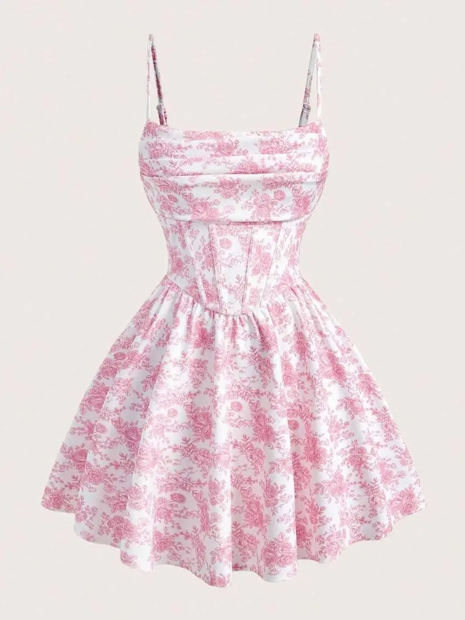Women's White And Pink Floral Print Ruffle Spaghetti Strap Short Dress, Summer Cottage Core Picnic Outfit, Vacation Garden Party Wedding Guest Dresses