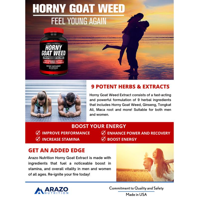 Arazo Nutrition Horny Goat Weed Proprietary Blend 1000mg Fast Acting Powerful 9 Herbs Tongkat Ali Saw Palmetto L Arginine 60 Capsules