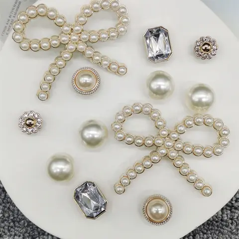 12pcs ABS Resin Golden Bowknot Faux Pearl Shoe Charms, Bling Rhinestone Square Shoe Clips, Footwear Decor Accessories, DIY Shoe Buckles Accessories for Women's Sandals, Slides & Slippers, Birthday Party Decor Gift Set, Shoe Embellishment Set