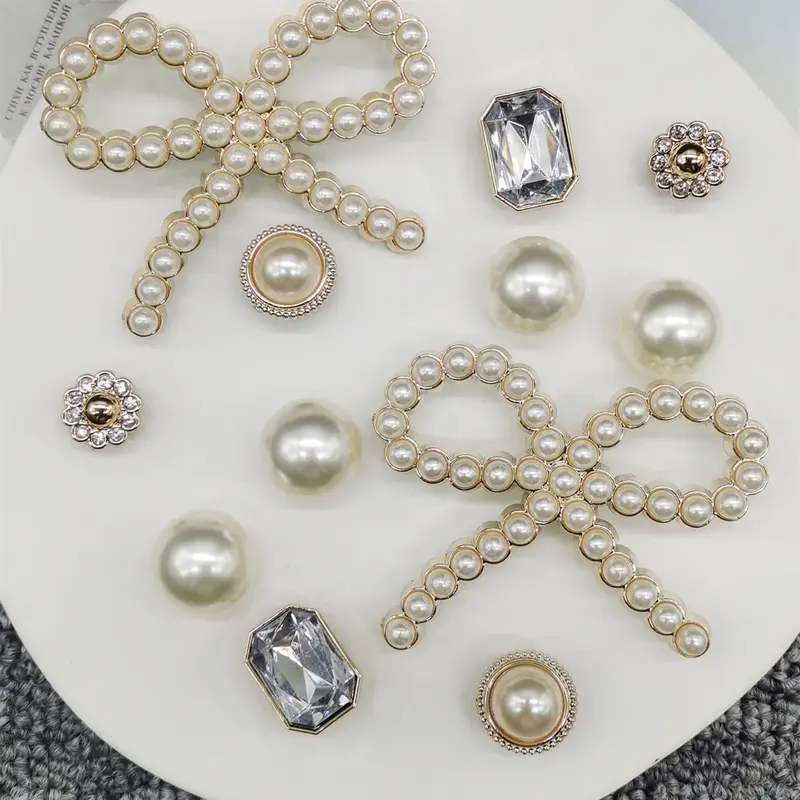 12pcs ABS Resin Golden Bowknot Faux Pearl Shoe Charms, Bling Rhinestone Square Shoe Clips, Footwear Decor Accessories, DIY Shoe Buckles Accessories for Women's Sandals, Slides & Slippers, Birthday Party Decor Gift Set, Shoe Embellishment Set