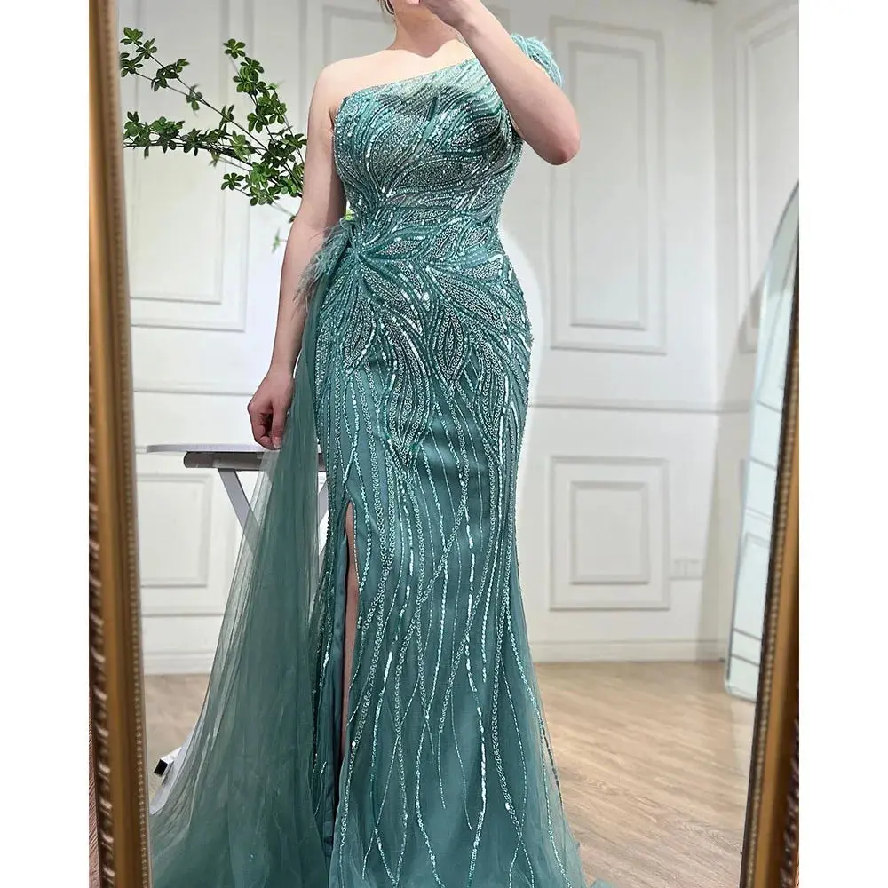 Turquoise Mermaid Elegant Evening Gown: 2025 High Split with Skirt, Beaded  Feathers for Women's Party - TikTok Shop