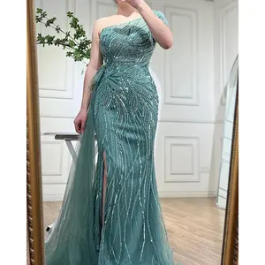 Turquoise Mermaid Elegant Evening Gown: 2025 High Split with Skirt, Beaded Feathers for Women's Party