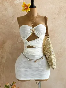 Women's Strapless Twist Back Mini Dress Boho Tropical Metal Decor Summer Vacation Party Dress