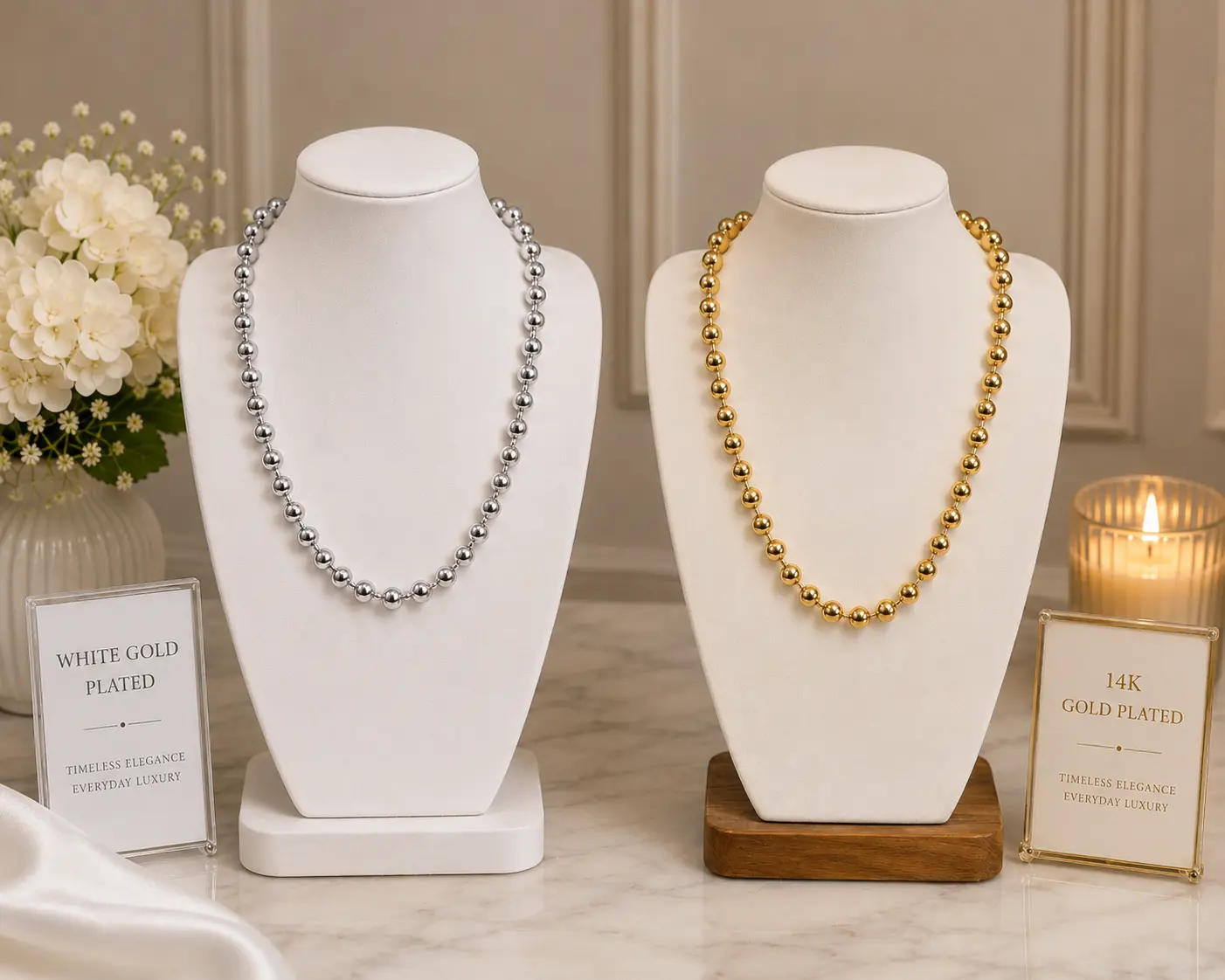14k 8mm White Gold or Yellow Gold Plated Bead Necklace N070103