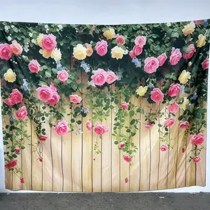 1pc wooden board and flower banner, Party Decorations Banners, Party Decor Design, made of polyester material, with flower background pictures, suitable for festival parties, party photography background, home, garden decoration