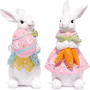 Hodao 2 PCS Easter Bunny Couple Decorations - Spring Rabbit Decor Figurines for Tabletop, Party, Home, Holiday, Gifts (White-Brown)