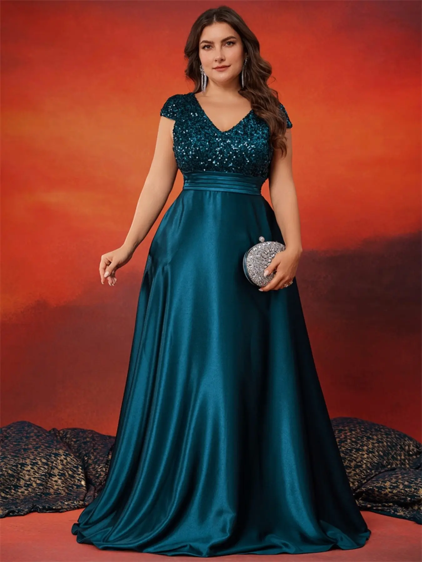 Women's Elegant Evening Dress, V Neck a Line Loose Fit Formal Gown, Sequins Patchwork Shimmer Satin Sleeves, Summer Large Size Party Wear, Lady Womenswear