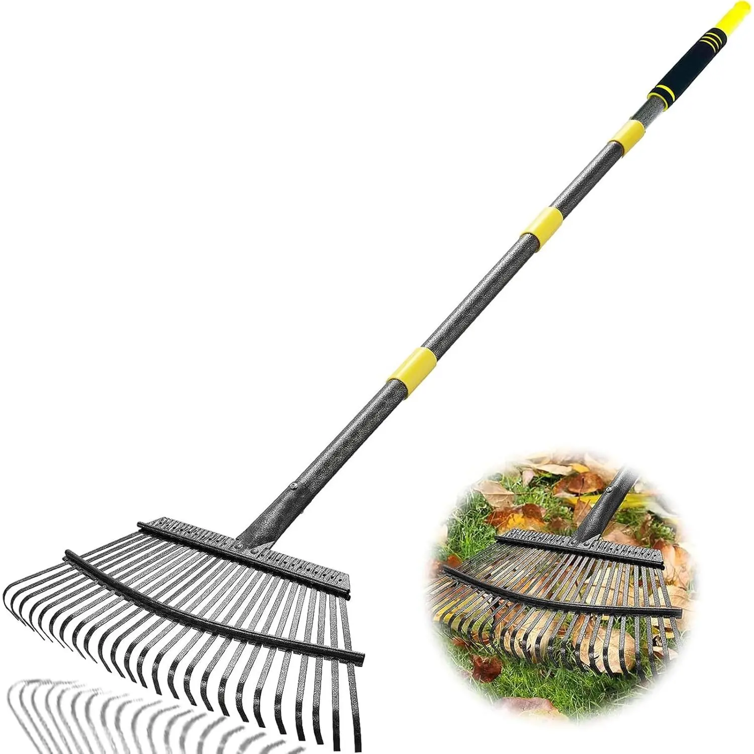 Heavy-Duty Garden Leaf Rake - Durable Gardening & Landscaping Tool with 6-Foot Alloy Steel Adjustable Handle, 25 Metal Teeth, 18.5 Inch Wide Head for Collecting Leaves, Yard Waste