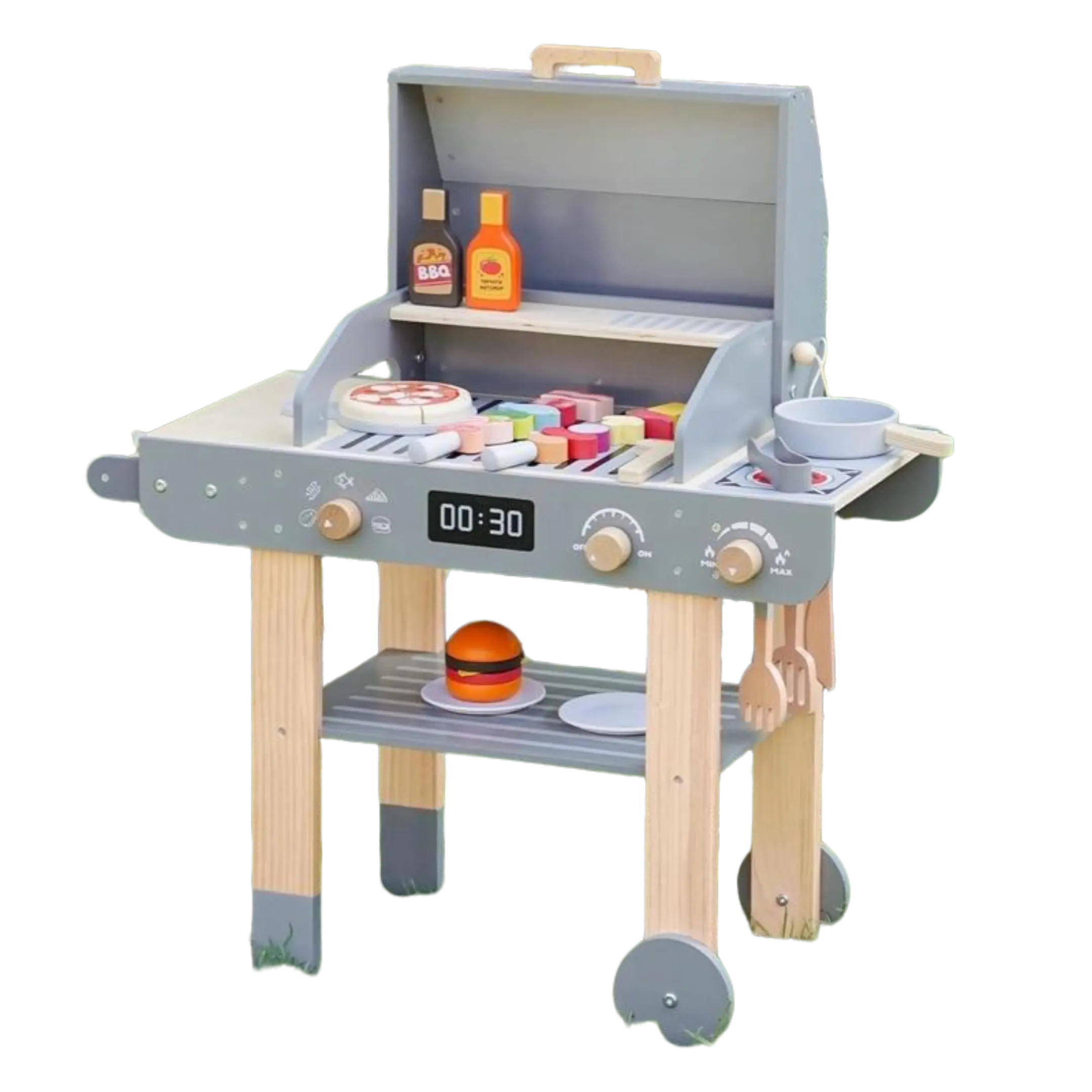 Leeshyah Wooden Kids Grill Playset Realistic Play Barbecue Set with Grilling Tools and Foods Pretend Grill Toy for Kids Ages 3+