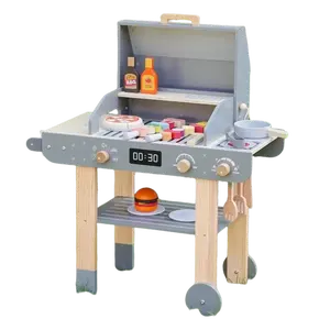 Leeshyah Wooden Kids Grill Playset Realistic Play Barbecue Set with Grilling Tools and Foods Pretend Grill Toy for Kids Ages 3+