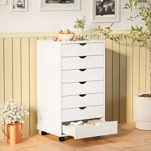 7-Drawer Portable Storage Cabinet on Wheels for Office, Bedroom & Home Organization, White