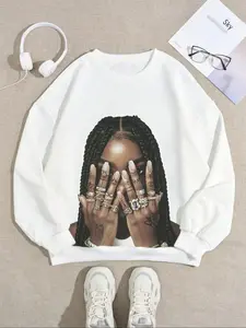 Women's Drop Shoulder Crewneck Knit Sweatshirt, Face Print Long Sleeve Pullover, Comfortable Casual Loose Fit Top for Fall & Winter Fashion