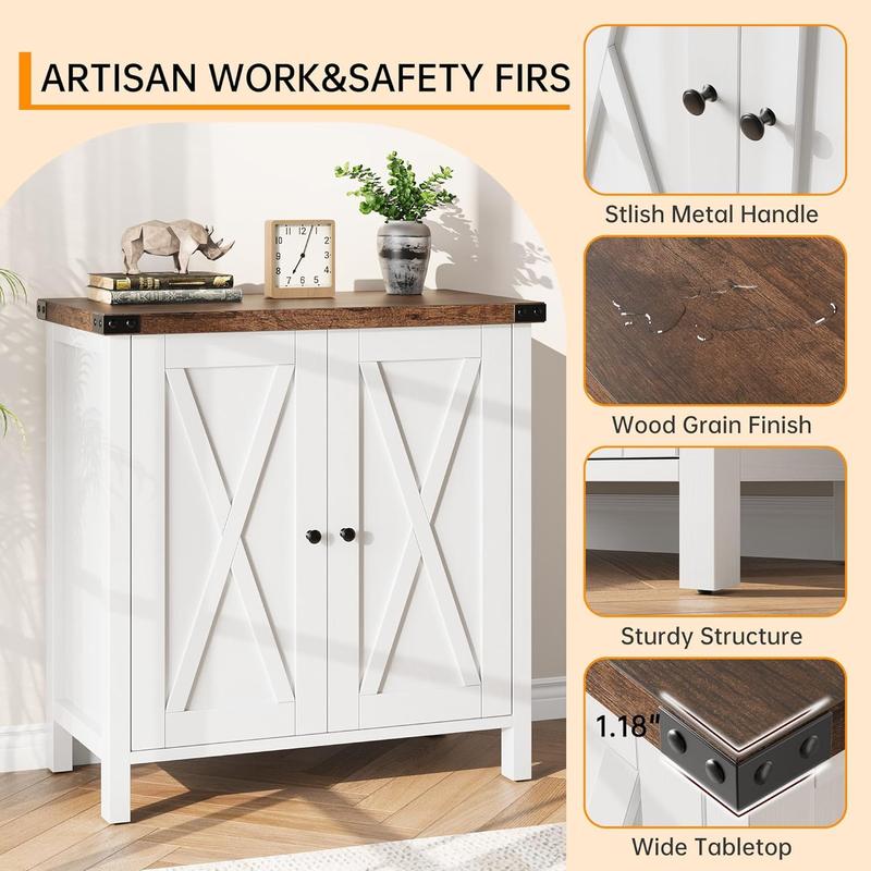 【GARVEE】Kitchen Credenza, Sideboard with 2 Doors, Living Room Credenza with Adjustable Shelves, Country House Style for Kitchen, Dining Room, 76 x 40 x 80 cm (White and Brown)