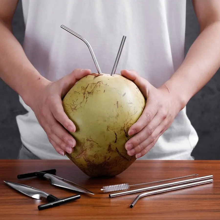 Stainless Steel Coconut Opener Set with Straw, Portable Coconut Puncture Tool, Outdoor Camping Gear, Utensils, 1/6 Pieces