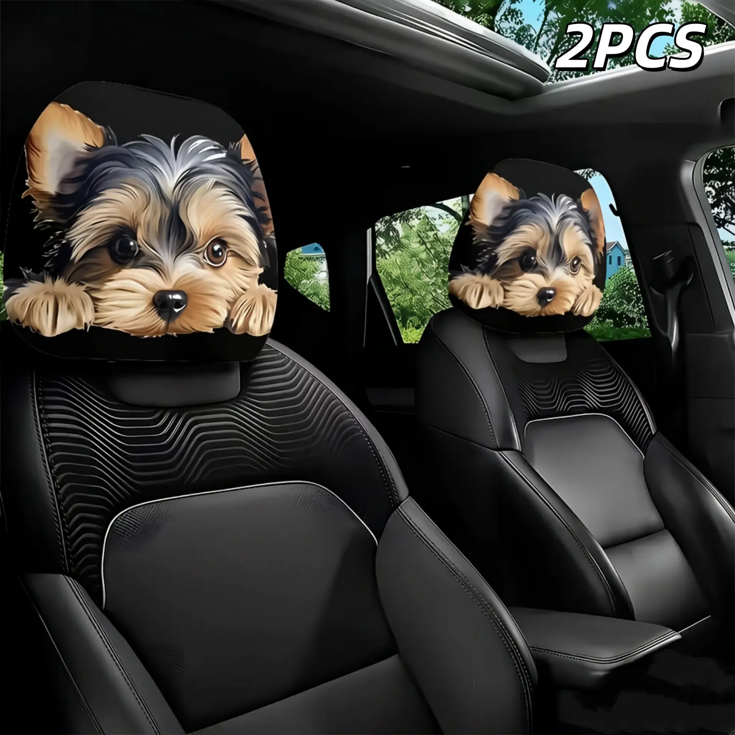 2Pcs Cute Yorkshire Terrier Car Headrest Covers, lovely pet themed auto interior decor. No filling needed, easy installation and simple cleaning. Fun stylish car accessory, brings warm companion vibe for daily driving use homedecor