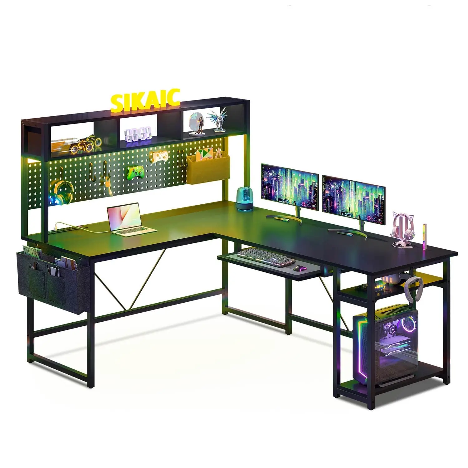 SIKAIC L-Shaped Reversible Gaming Desk with LED Lights - Grey L-Shaped Modular Desk for Gaming, Commercial Office Furniture, Gaming Desks, L-Shaped Modular Desks