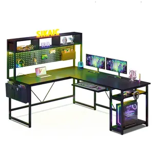L Shaped Reversible Gaming Desk With LED Lights Grey