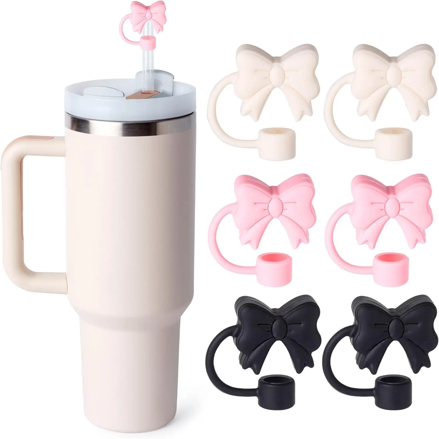 6 count Bow Straw Toppers, Cute Straws Covers for  30&40 Oz Tumbler with Handle, 10mm Dust-Proof  Straw Toppers Accessories for Girls  (Black Bow)