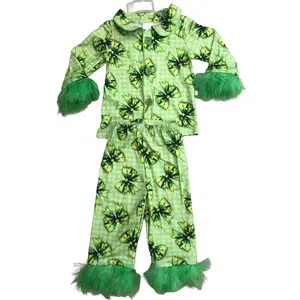 Girl Christmas Sleep Wear Green Bows Cute Girl Winter Pajamas Set