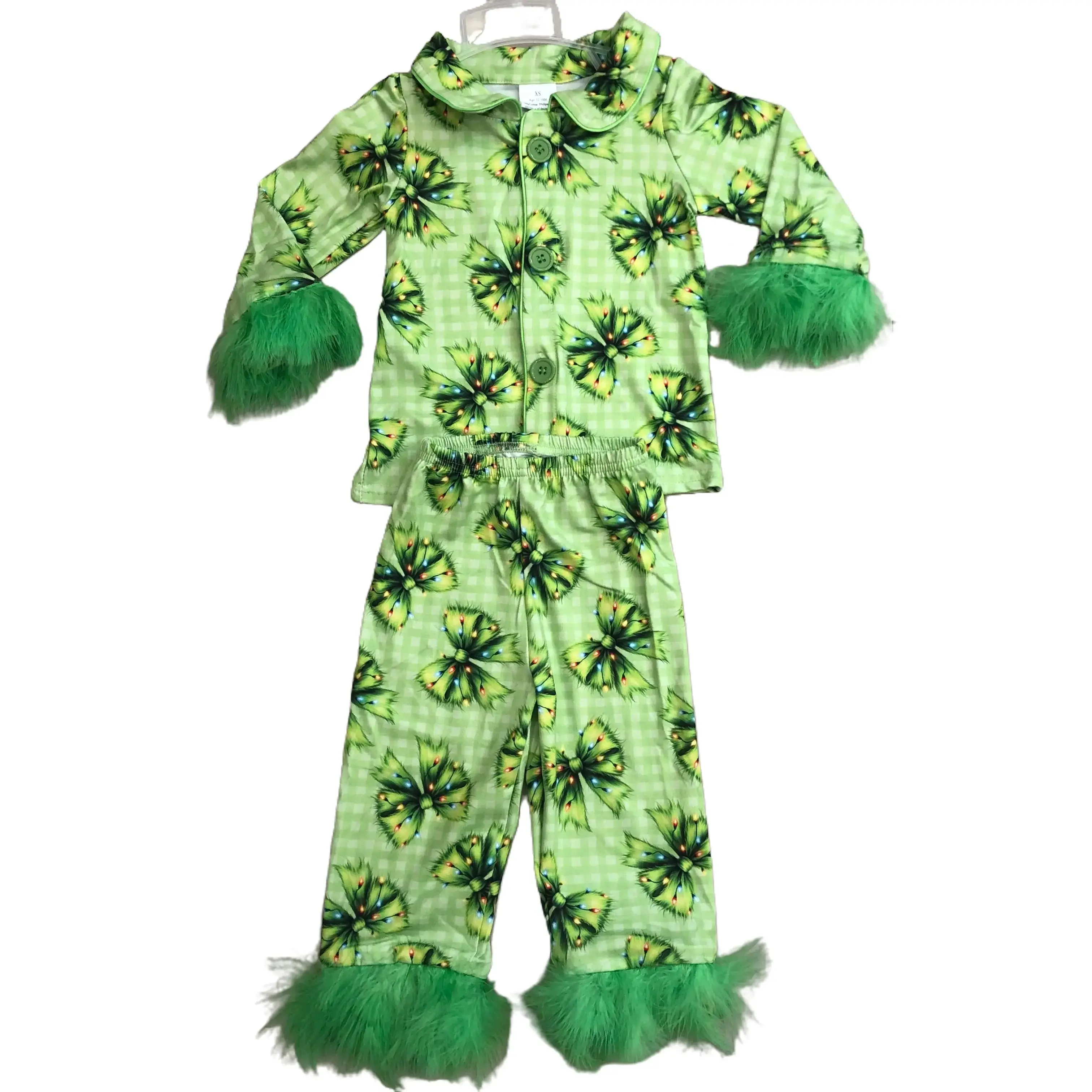 Girls' Christmas Pajama Set, Cute 2-Piece Long Sleeve Cotton Blend Holiday Sleepwear with Green Bows Print, Print Sleepwear Set