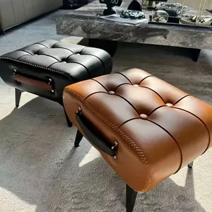 High Quality Oil Wax Leather Footstool - Stylish, Versatile, 1pc, For Living Room, Bedroom, Home Decor