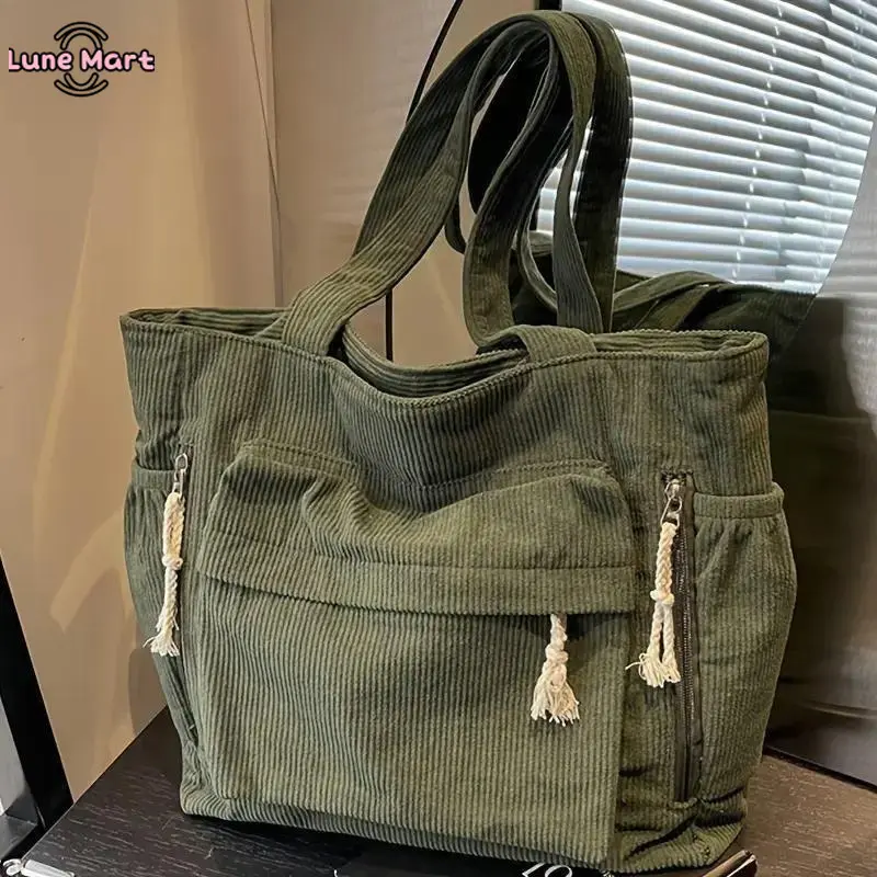 LuneMart Women's Large Capacity Corduroy Tote Bag - Heavy Duty, Multi Compartment, Fixed Strap, Zipper Closure Travel Handbag for Women (Olive Green, Navy), Tote Bags, Handbags For Women