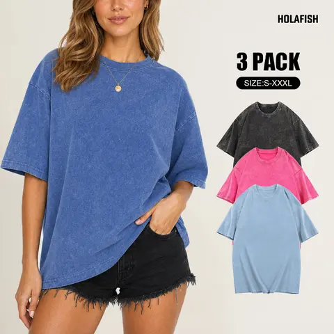 Holafish 3Pcs Menswear Baggy Cotton T-Shirts - Acid Washed, Basic Fabric, Vintage Style, Unisex Loose Half Short Sleeves, Oversized Casual Solid Streetwear Tops for Fitness, Summervibes