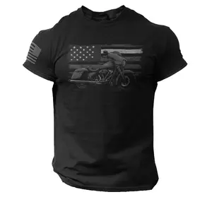 American Flag Motorcycle T Shirt | Biker Graphic Tee | Patriotic USA Rider Shirt | Men’s Black Motorbike Tee