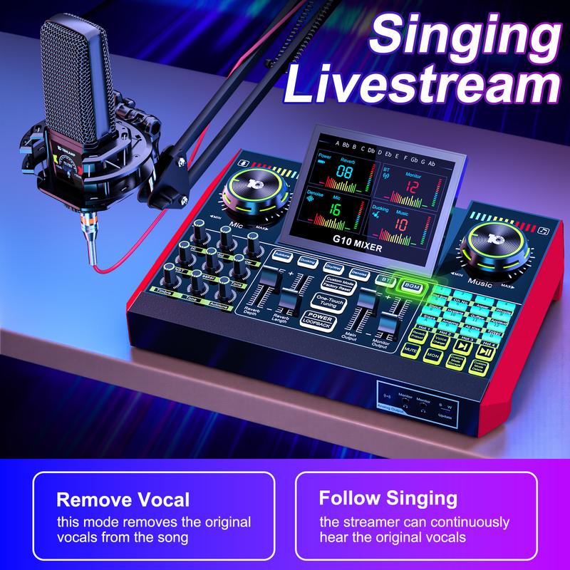 Tenlamp G10-PK Pro (Cantilever) Mixer Sound Card Kit, Custom Sound Effects, with Condenser Microphone, for Live Streaming, Gaming, Singing Podcast Equipment, 2-Level Noise Reduction, Computer Audio Mixer