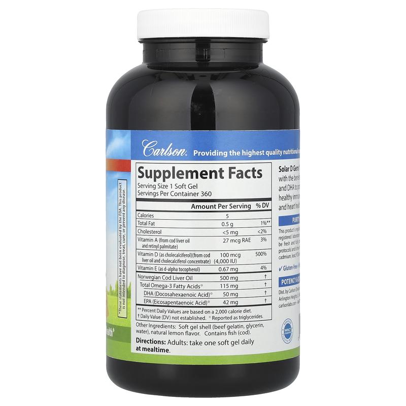Carlson Solar D Gems® , Vitamin D3 + Omega-3s, Natural Lemon , 360 Soft Gels
