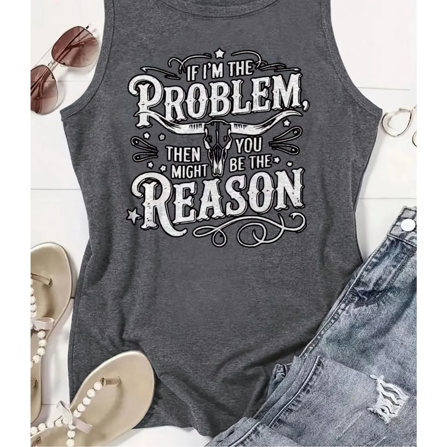 Plus Size, 1pc Women's Sleeveless Tank Top with "If I'm The Problem Then You Might Be The Reason" Slogan Print - Round Neck Casual Blouse Shirt, Medium Stretch Suitable for Casual Attire, Festivals, Gifts, Versatile Layering for Various Outfits Womenswear