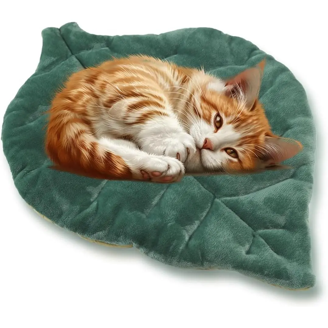 Self-heating cat bed 26"x20" leaf-shaped cotton soft and warm pet mat, suitable for indoor beds, sofas, floors, cat and dog warming mattress (green)