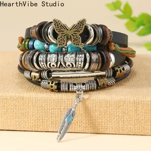 HearthVibe Studio Simple and Stylish Wind Beaded Turquoise Butterfly Decoration Handwoven Leather Bracelet with Feather Charm