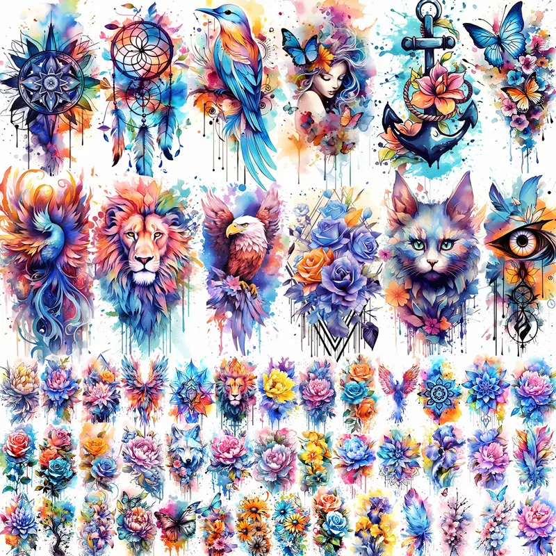 52 Watercolor Temporary Tattoos for Women Adults Realistic 3D Floral Butterfly Phoenix Mandala Fake Tattoos Set Waterproof Long Lasting Body Sticker for Parties Weddings 12 Large Tattoos Included Durable