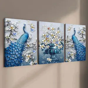 3 Counts Wooden Framed Canvas Painting, Elegant Blue Peacock And White Flower Images, Exquisite Poster, Floral Abstract Design, Perfect Living Room Decoration, Modern Art, Fashion Family Poster, Wall Art Decoration, Waterproof Art