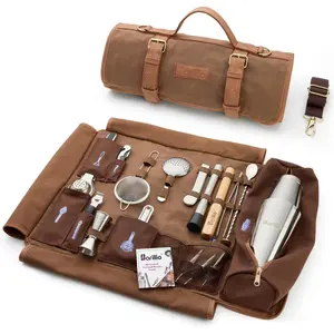 Barillio Bartender Kit Bag with Cocktail Shaker Set - Waxed Canvas, Traveling Bar Tools Bag with 17-Pc Cocktail Kit - Travel Mixology Bartending Kits - Mobile Bar Bag with Strap & Accessories - Silver SAVANTSYS