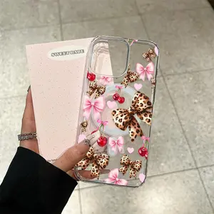 Leopard print bow and cherry pattern phone case, acrylic transparent magnetic soft case, suitable for iPhone 17 Pro Max 16 15 14 13 12 11, anti drop phone case, lightweight and durable, supports wireless charging.QXG798